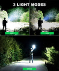 Beast 900,000 Lumen Rechargeable Flashlight Two Pack With 12 Hour Run Time, XHP70 LED, 3 Modes, Ultra Bright IPX5 Waterproof Torch showcased in three lighting modes: high, low, strobe in outdoor setting.