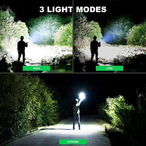 Beast 900,000 Lumen Rechargeable Flashlight Two Pack With 12 Hour Run Time, XHP70 LED, 3 Modes, Ultra Bright IPX5 Waterproof Torch showcased in three lighting modes: high, low, strobe in outdoor setting.