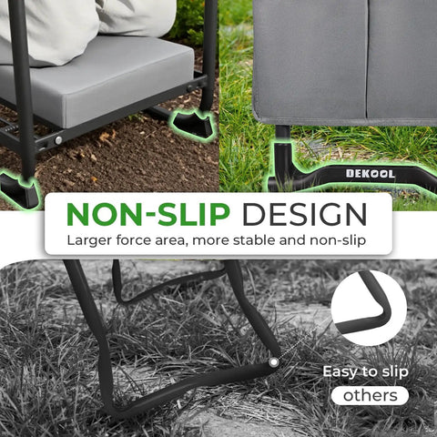 Close-up of upgraded garden kneeler and seat with 9.8 inch wide and 3 inch thick kneeling pad, showcasing non-slip design features.