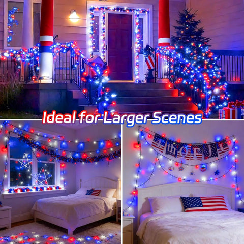 Red White And Blue Outdoor String Lights 2 Pack With Timer 100 LED Total About 33 Ft Waterproof Battery Operated For 4th Of July Memorial Day And Patriotic Decor With 8 Modes illuminating house exterior and bedroom scenes in patriotic colors.