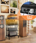 Four Tier Gaming Console Stand With Outlet And USB Ports, RGB Light Strips beside speakers in a modern living room