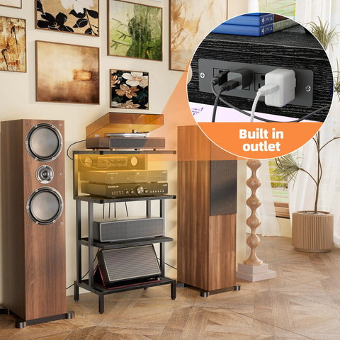 Four Tier Gaming Console Stand With Outlet And USB Ports, RGB Light Strips beside speakers in a modern living room