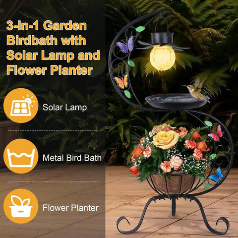 Vintage Solar Bird Bath With Flower Planter Pedestal Outdoor Metal Bird Bath For Garden Yard Patio Lawn Decor Solar Powered Lighted Birdbath