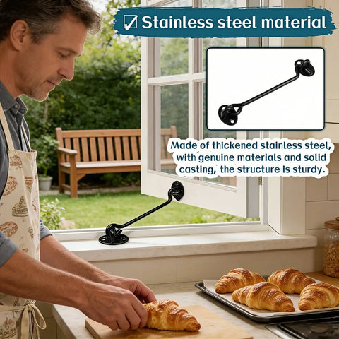 Heavy Duty 6 Inch Hook And Eye Locks 2 Pack Rock Solid Stainless Steel Barn Door Latch used on window with baked croissants.
