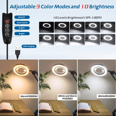 Adjustable light modes of Floor Magnifying Glass With Light And Stand 72 LED Large Magnifying Lamp 10X To 30X for crafts