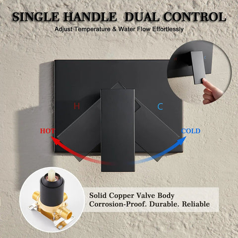 Matte Black Shower Faucet Set With 10 Inch Rainfall Head And Handheld Sprayer High Pressure Bath Kit showing single handle control and valve.
