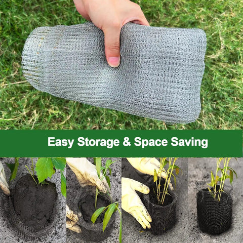Hand holding rolled 3 Gallon Gopher And Mole Proof Wire Baskets 5 Pack Stainless Steel Underground Root Guard Mesh Baskets For Garden Beds.