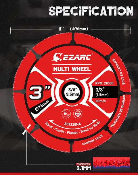 EZARC 3-inch carbide cut-off wheel with 3/8 bore for wood, nails, laminate, plastic, plaster; 2-pack.