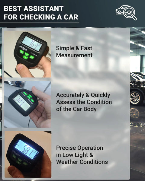 Car Paint Thickness Gauge With 0.1 Micron Resolution, Ready To Use Digital Coating Meter For Auto Inspections, Detects Fe, Al And Zn, Factory Calibrated, Fast Accurate Readings, Large Backlit LCD Display, Ideal For Bodywork Checks on car panel