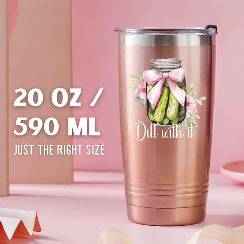 Grab This Dill With It 20 Oz Travel Tumbler Dope Insulated Cup With Secure Lid displayed with pink background and text.