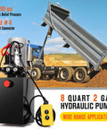 12V Dump Trailer Hydraulic Pump Kit With Eight Quart Power Unit Double Acting Electric Hydraulic Pump For Dump Trailers And Car Lifting Includes Two Extra SAE Six Connectors Built Tough With Rust And Corrosion Resistant Build
