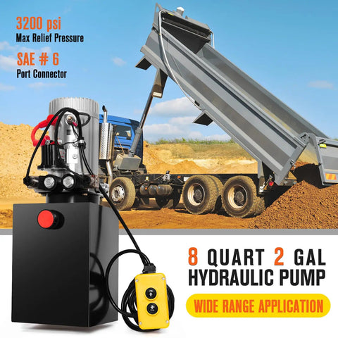 12V Dump Trailer Hydraulic Pump Kit With Eight Quart Power Unit Double Acting Electric Hydraulic Pump For Dump Trailers And Car Lifting Includes Two Extra SAE Six Connectors Built Tough With Rust And Corrosion Resistant Build