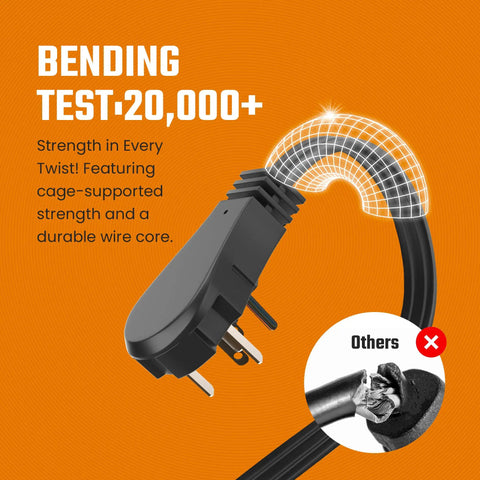 Flat Plug Wall Hugger Extension Cord 10 Foot Black With 3 Outlets Grounded Indoor Power Cord 16 Gauge 3 Conductor Heavy Duty 13A 125V Angled Plug Low Profile for Home Office TV Desk Dorm bending test