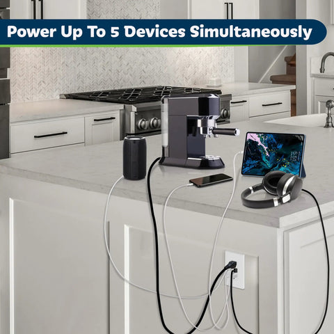 4.2A Go-To 3 Port USB Wall Outlet With Type C And Type A Ports 15 Amp Receptacle in kitchen, charging multiple devices