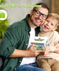 Smiling father and son holding Dino RC Car For Toddlers Tot Friendly With Lights And Music Rechargeable Remote Controlled Dinosaur Toy