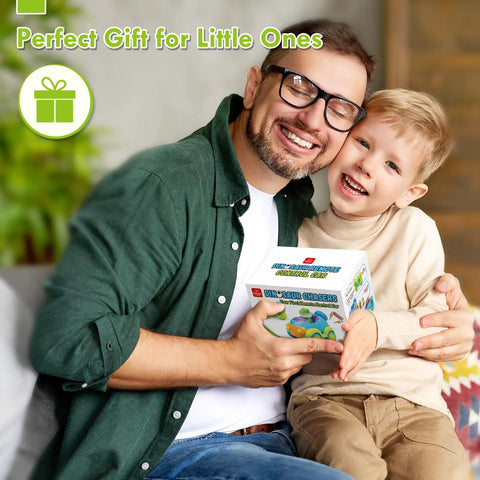 Smiling father and son holding Dino RC Car For Toddlers Tot Friendly With Lights And Music Rechargeable Remote Controlled Dinosaur Toy