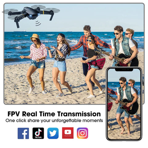 Foldable Camera Drone For Adults And Kids With 1080P FPV Video Easy Start RC Quadcopter capturing beach memories.