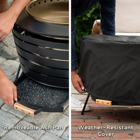 Person removing ash pan and covering smokeless 25 inch wood burning outdoor fire pit with removable ash pan, sturdy stand, and weather resistant cover