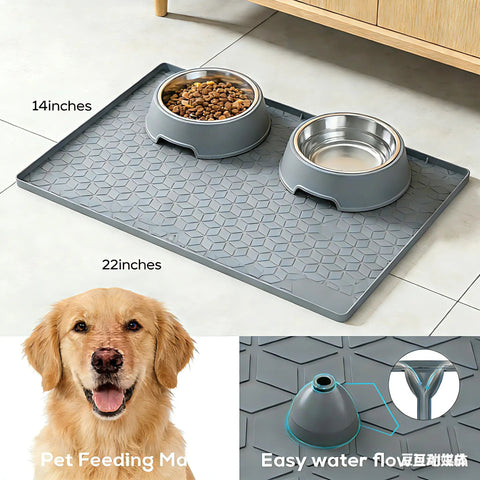 Heavy Duty Silicone Under Sink Mat 14 X 22 Inches With Drain Holes For Kitchen Cabinets And Counters with pet feeding bowls.