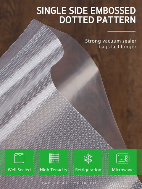 Close-up of Two Rolls 8 Inch By 50 Foot Vacuum Sealer Bags For Storage, Meal Prep And Sous Vide, BPA Free with embossed dots.