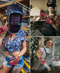 Women using Leather Gardening Work Gloves For Women With Cowhide Leather And Double Stitched Seams Tough As Nails Heavy Duty Protective Gloves For TIG MIG Welding Construction Farm Concrete Work Landscaping And Woodworking in various tasks including welding and cooking outdoors.