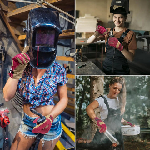 Women using Leather Gardening Work Gloves For Women With Cowhide Leather And Double Stitched Seams Tough As Nails Heavy Duty Protective Gloves For TIG MIG Welding Construction Farm Concrete Work Landscaping And Woodworking in various tasks including welding and cooking outdoors.