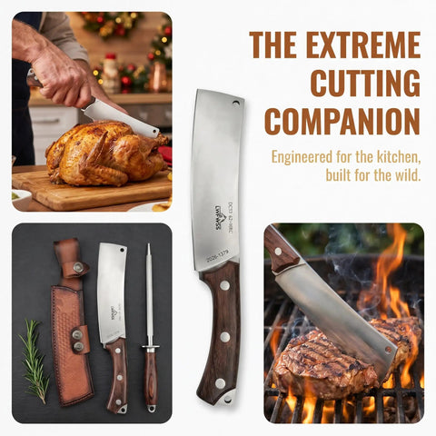 Beefy Dual Purpose Kitchen And Outdoor Cleaver For Bone Chopping And Bushcraft Wood Splitting Ultra Sharp 80 Degree Blade