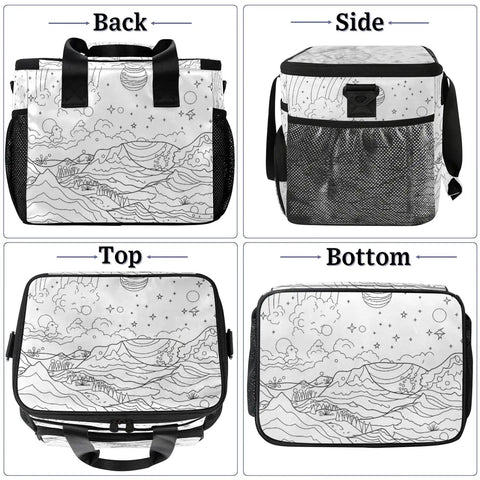 Four views of the Insulated Picnic Backpack Lunch Bag For Everyday Adventures Large 12x9 Inch Tote, showing design and handle details.