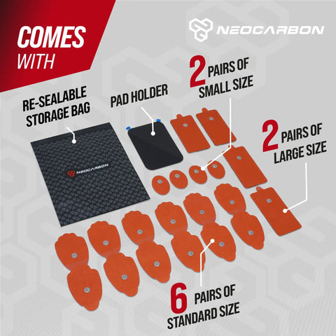Top Shelf Reusable Electrode Pads For TENS And EMS Units 20 Pack Red Replacement Gel Pads with variety of sizes in storage bag.