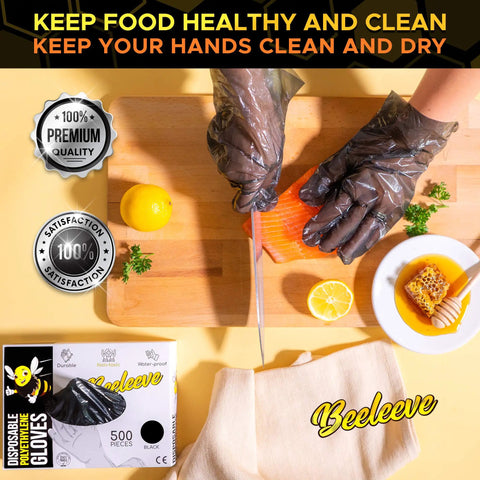 Disposable Gloves Bulk Pack 500 Count One Size Fits Most For Food Safe Handling In Kitchen And Food Prep Single Use Waterproof Poly Safety Gloves For Home And Restaurant Use Durable Comfortable Kitchen Ready Pro Grade packaging with gloves on hands slicing salmon on cutting board