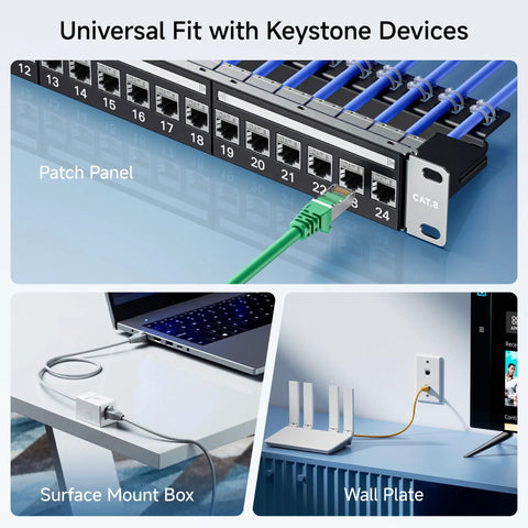 Image of UL Listed Shielded Cat 8 RJ45 Keystone Jack 5 Pack in a patch panel, surface mount box, and wall plate setup