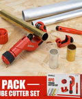 Front view of SHALL 4-Piece Tubing Cutter Set: red pipe cutter on brass tube, mini cutter, deburring tool and reamer