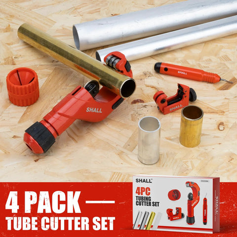 Front view of SHALL 4-Piece Tubing Cutter Set: red pipe cutter on brass tube, mini cutter, deburring tool and reamer