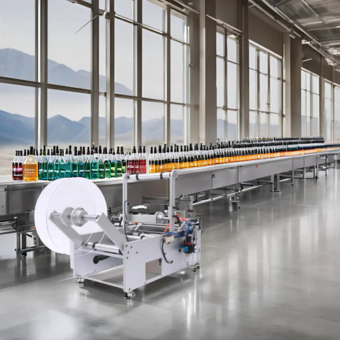 Semi Automatic Round Bottle Labeling Machine Fits 20 To 120 Mm Diameter High Speed Label Applicator in a industrial setting with multiple bottles.