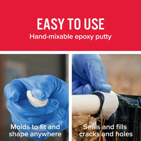 WaterWeld Epoxy Putty Stick 2 oz shown being shaped by hand and applied to a pipe for repair, highlighting easy mix and use features.