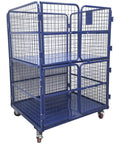 Heavy Duty Foldable Warehouse Trolley Built Like A Tank With Secure Steel Mesh Bins Four Swing Lock Doors And 1100 Pound Load Capacity Industrial Workhorse Cart on wheels with four mesh bins.