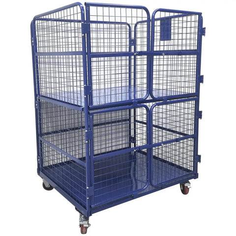 Heavy Duty Foldable Warehouse Trolley Built Like A Tank With Secure Steel Mesh Bins Four Swing Lock Doors And 1100 Pound Load Capacity Industrial Workhorse Cart on wheels with four mesh bins.