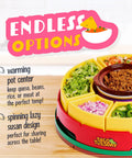 Ultimate Taco Night Heated Lazy Susan Party Serving Set with toppings and fondue pot, red design with six trays.