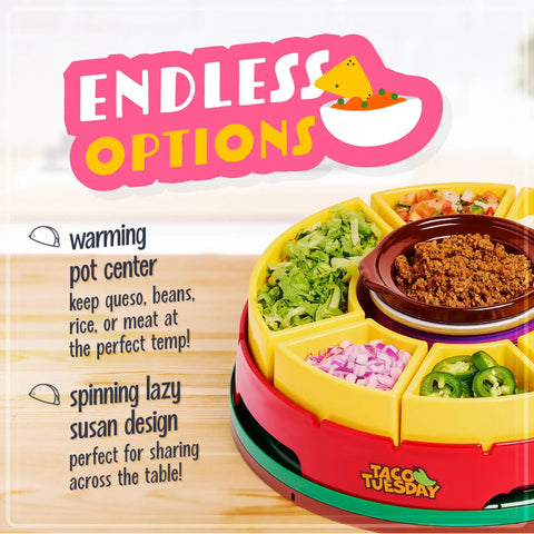 Ultimate Taco Night Heated Lazy Susan Party Serving Set with toppings and fondue pot, red design with six trays.