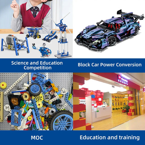 14 In 1 Power Function Motor Kit for Technic Style Builds with L Motors and Servo, showcases science education and block car.