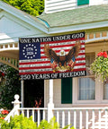 Patriotic 250th Anniversary USA Flag 3x5 Ft Double Sided Outdoor Banner displayed on a porch with text and eagle design.