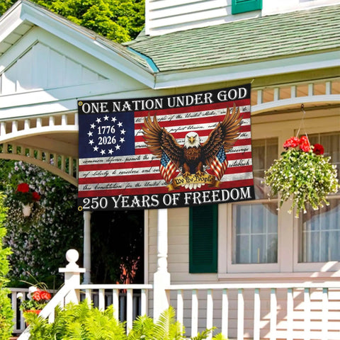 Patriotic 250th Anniversary USA Flag 3x5 Ft Double Sided Outdoor Banner displayed on a porch with text and eagle design.