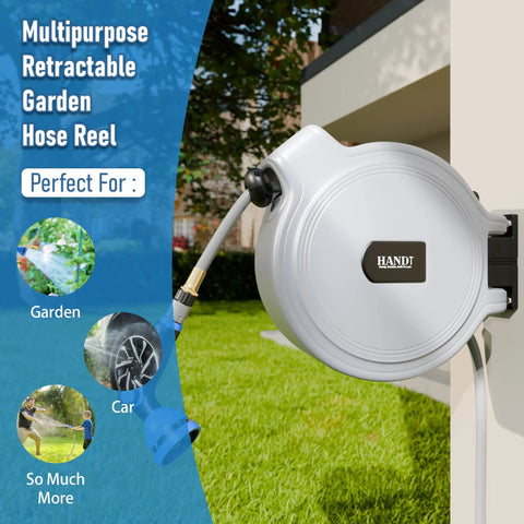 Heavy Duty Workhorse Wall Mounted Retractable Garden Hose Reel With 50 Ft Reach Half Inch Quick Connect 10 Pattern Sprayer