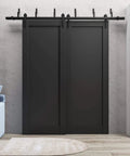 Lite Slab Barn Door Panel 42 X 96 Inches Matte Black With Solid Pine And Eco Veneer Finish in living room setting
