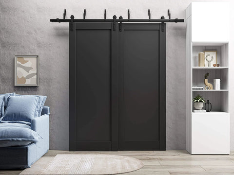Lite Slab Barn Door Panel 42 X 96 Inches Matte Black With Solid Pine And Eco Veneer Finish in living room setting