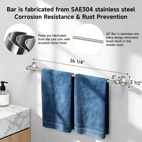 Complete Four Piece Bath Accessory Set With A 24 Inch Towel Bar Toilet Paper Holder Towel Ring And Robe Hook In Brushed Nickel Finish Built To Last Zinc Alloy And Stainless Steel For A Cohesive Designer Look In Any Master Bath showing towel bar with blue towels