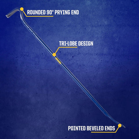 Heavy Duty 42 Inch Steel Wrecking Bar With Rounded 90 Degree End, Nail Pullers, Tri-Lobe Grip For Comfort, Beveled Prying Tips