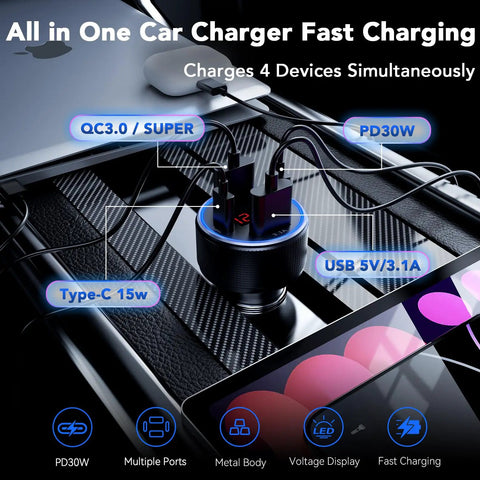 Badass 4 Port USB Car Charger 2 Pack Cigarette Lighter Adapter With PD 30W Fast Charging And Digital Voltage Display aluminum dash plug connected to devices.
