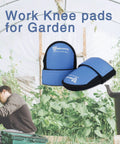 Waterproof Leatherette Knee Pads For Men on garden background, showcasing blue knee pads, soft foam comfort, wide straps.