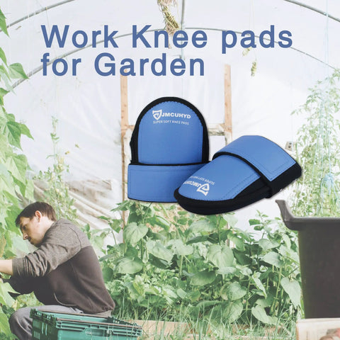 Waterproof Leatherette Knee Pads For Men on garden background, showcasing blue knee pads, soft foam comfort, wide straps.